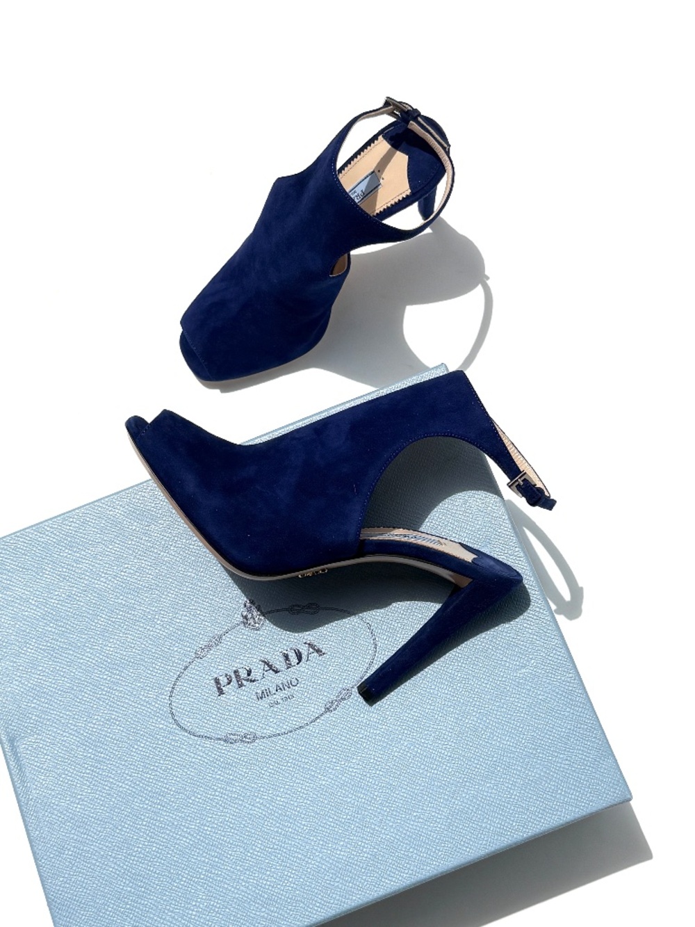 Prada Royal Blue Suede Camoscio Cut out High Heel Sandals 37.5 7